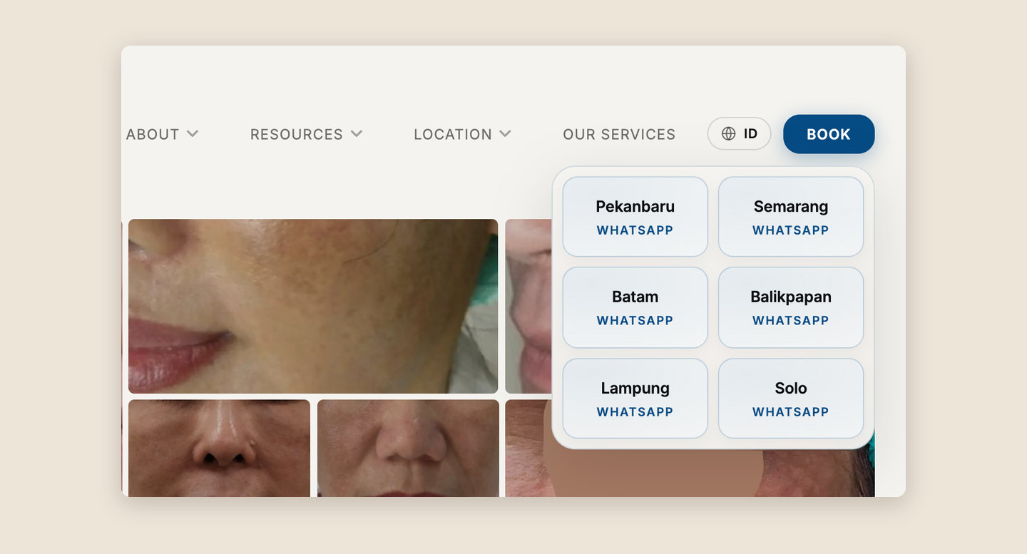 The Book menu open, showing six clinic locations, each linking to WhatsApp