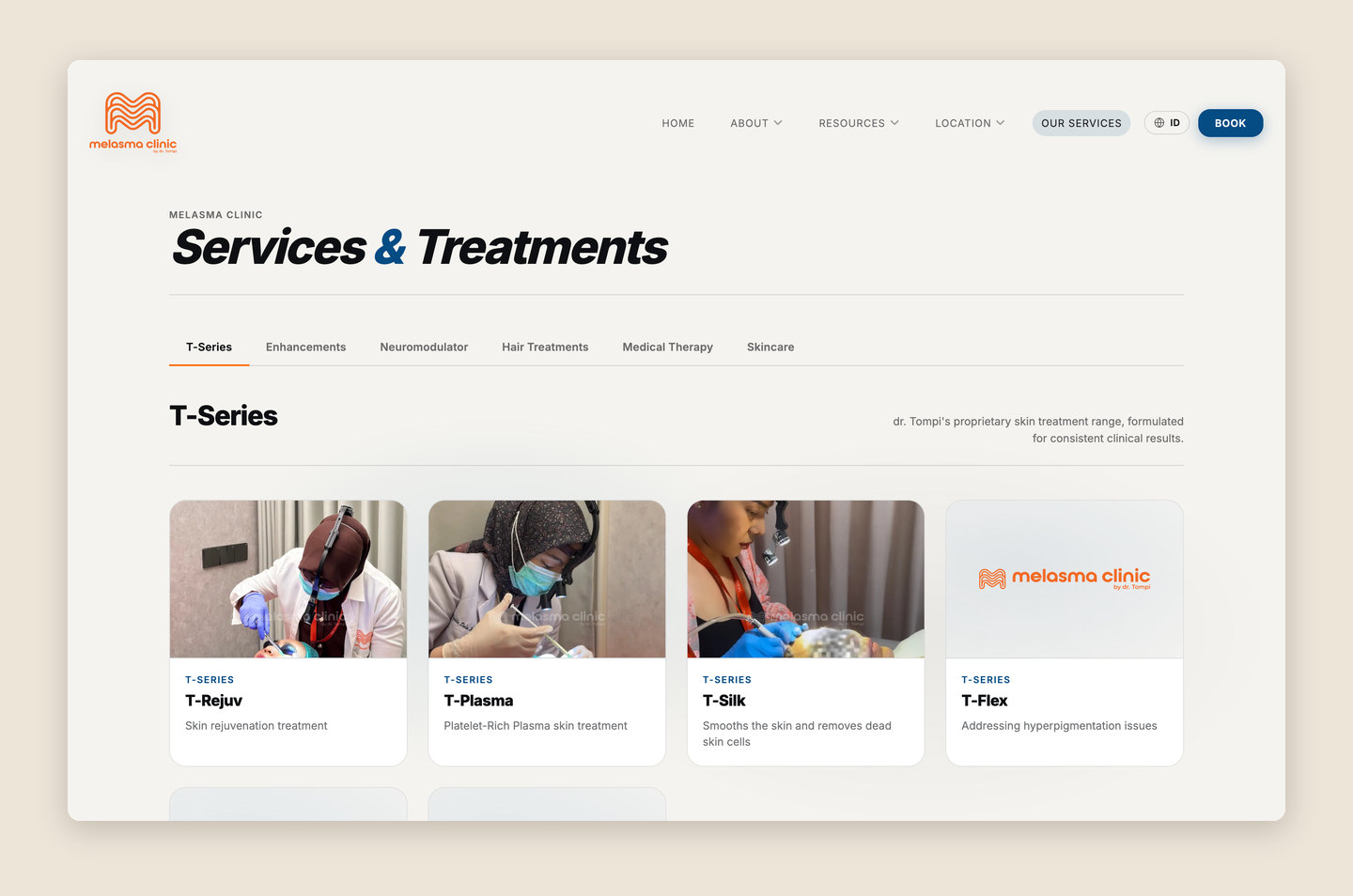 The Services and Treatments page, with category tabs and treatment cards in the clinic's blue, white, and orange