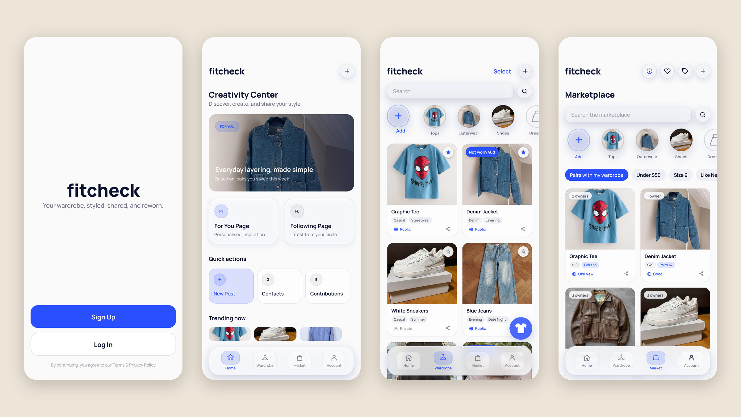 Four FitCheck screens: welcome, the Creativity Center home screen, wardrobe, and marketplace