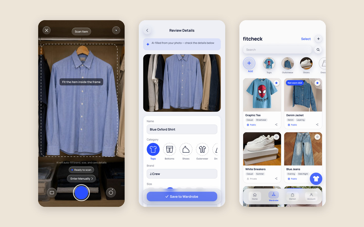 Adding an item in FitCheck: the Scan Item camera screen, the Review Details screen with AI-filled fields, and the wardrobe grid with a Not worn 46d badge