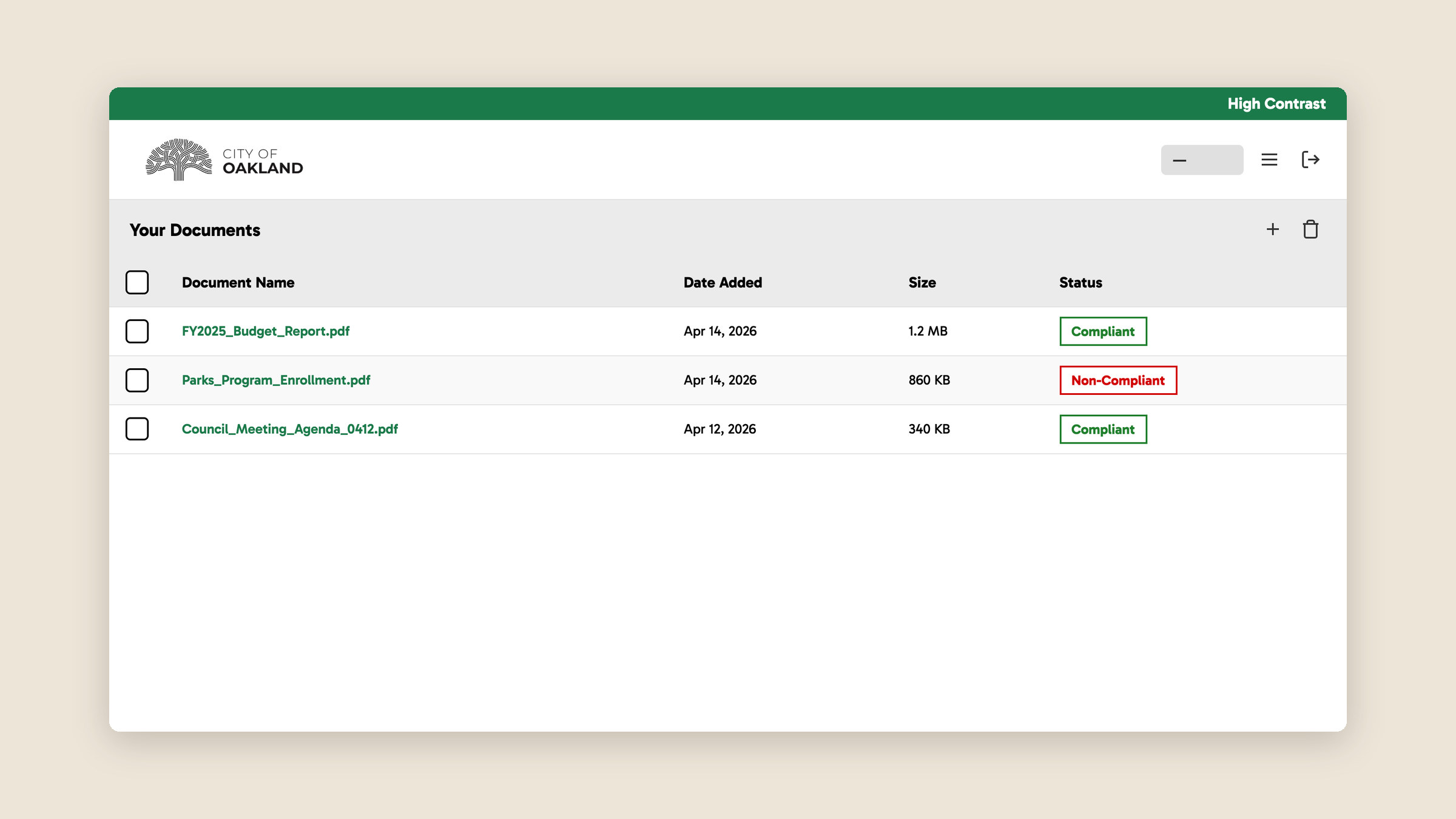 The Your Documents dashboard, listing uploaded PDFs with their date, size, and compliance status